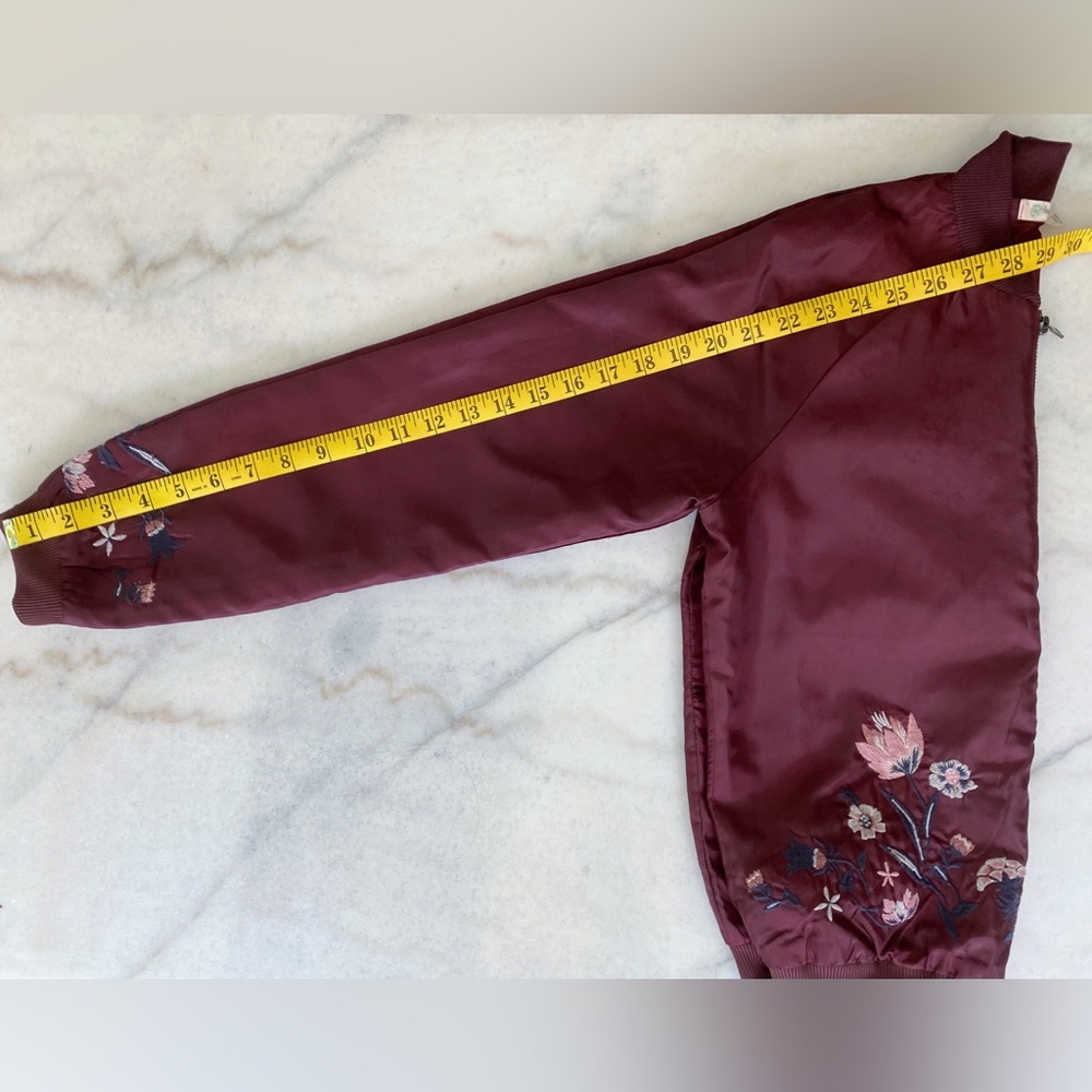 Francesca’s Maroon Burgundy Red Love Fire Floral Embroidered Bomber Jacket - Picture 7 of 9